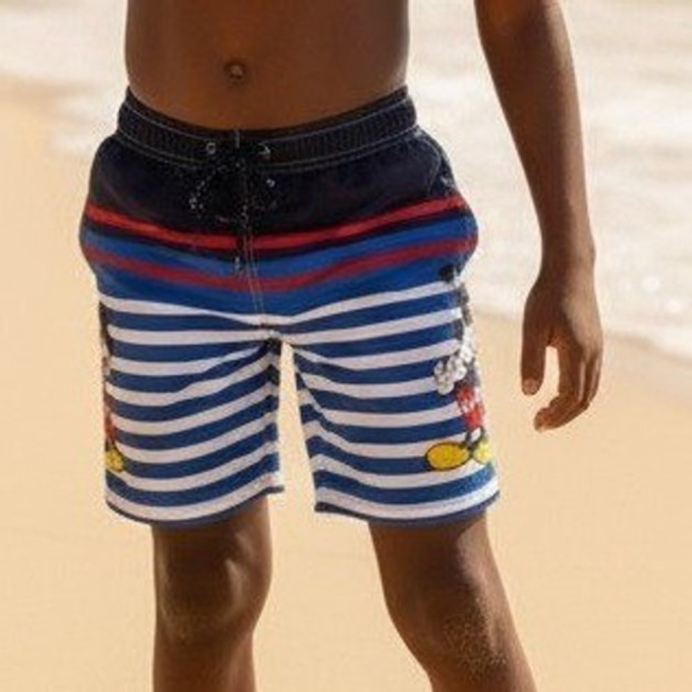 Disney Mickey Mouse Boys Blue White Striped Swim Trunks Shorts Size 6 Excellent‎